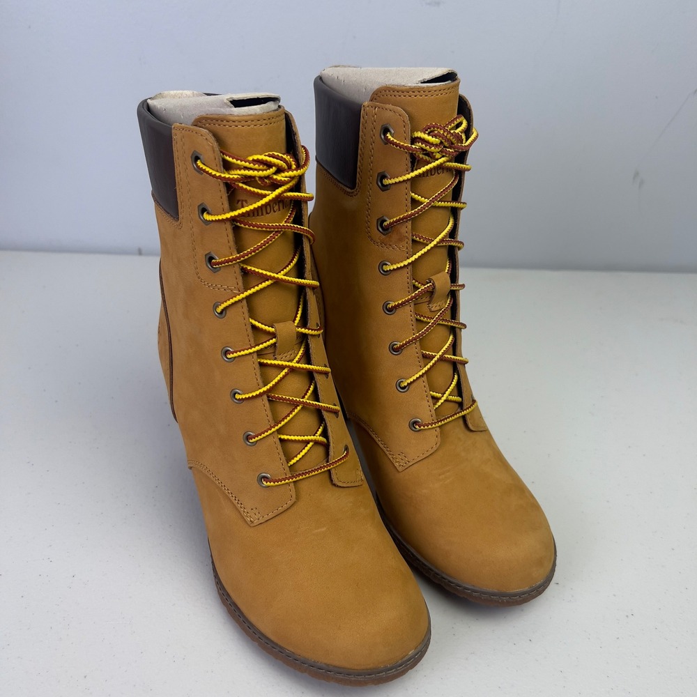 Timberland Glancy 6-Inch Heeled Boots Womens Wheat Tan Excellent Nubuck Lace Up